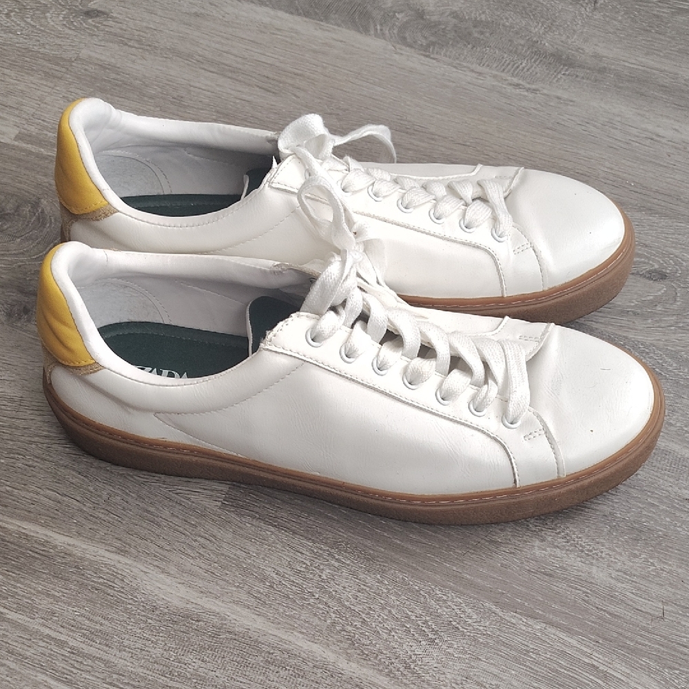 White Sneakers with Yellow Heel Accent